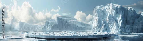 Ice podium with glacier backdrop, 3D mountain platform, snow and sea, cold winter ad display
