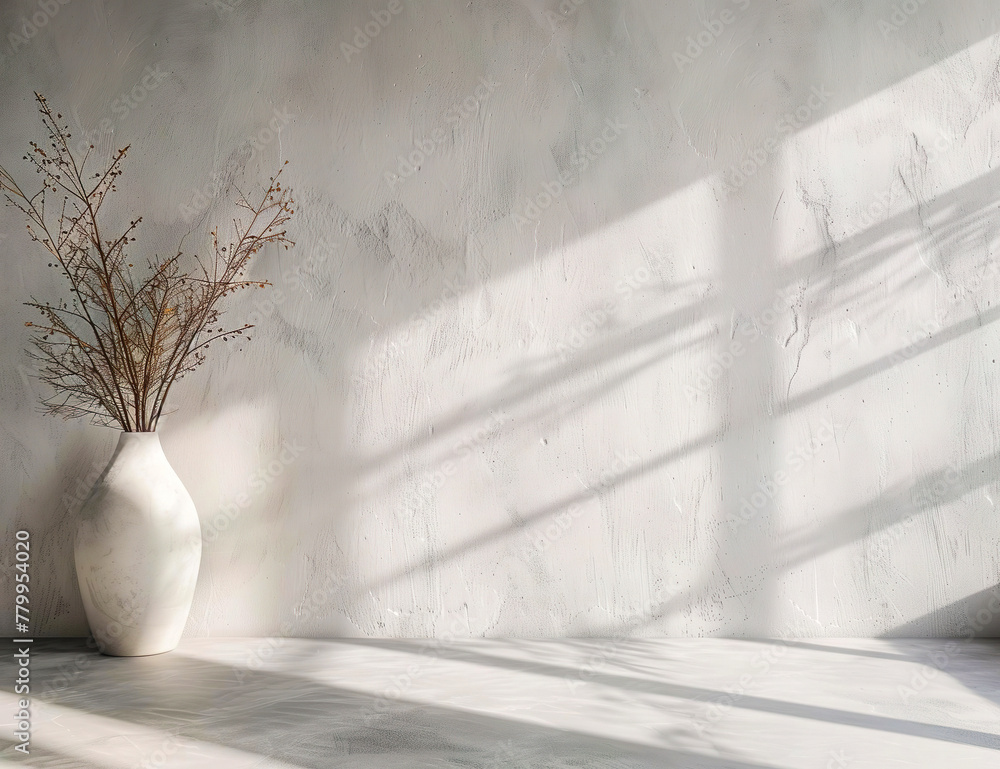 Fototapeta premium Template of minimalist room studio with textured white gray concrete wall and plant. Interior mockup with clean walls for pictures, posters, paintings, sculptures, and other wall art. 
