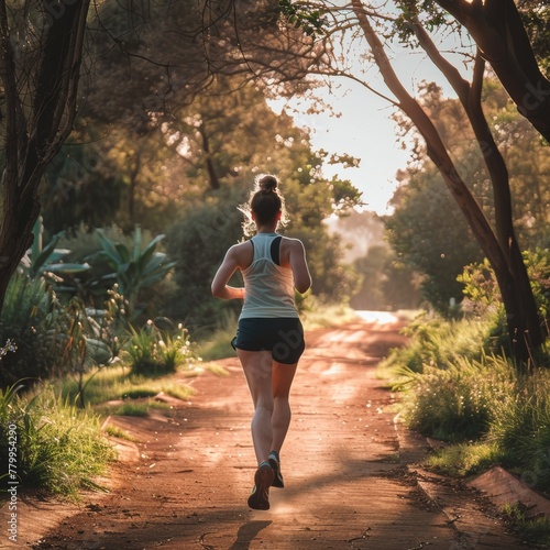 a woman running on a dirt road