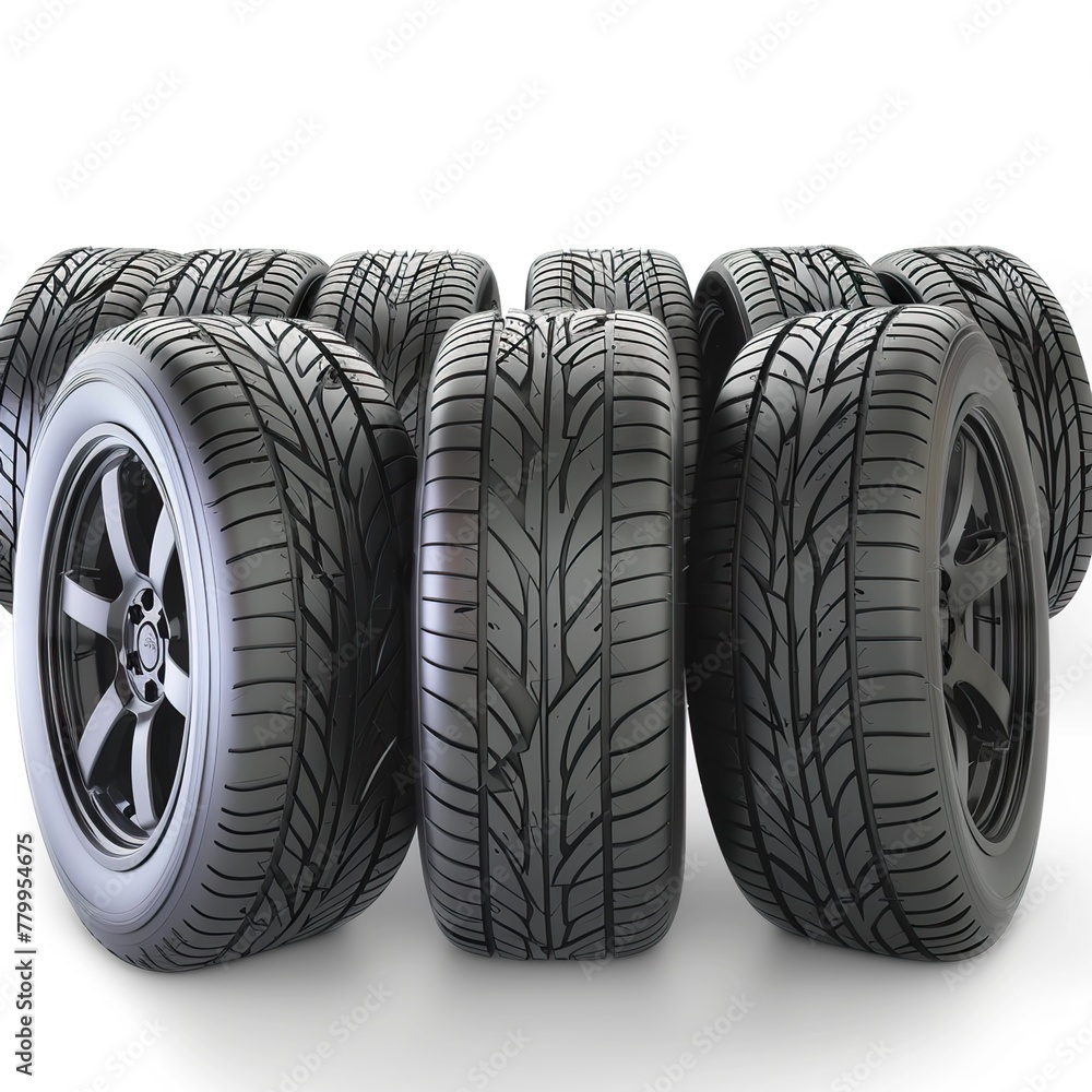 Car tires with a great profile in the car repair shop. Set of summer or winter tyres in front of white fond. 