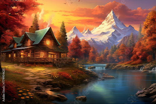 An HD-captured image presenting a realistic depiction of a breathtaking painting that showcases a majestic mountain range, a cozy cabin, and a tranquil stream, all adorned with the vibrant hues of aut photo