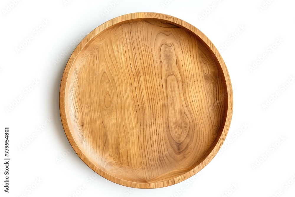 Empty wooden plate or round board isolated on white background. Rustic dish Empty wooden plate or round board isolated on white background. Rustic dish