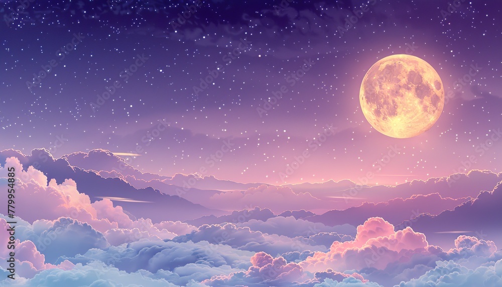Cartoon yellow moon with craters floats in purple turquoise pink white clouds on lilac starry sky. Magic night backdrop with multicolor objects flying Cartoon yellow moon with craters floats in purple turquoise pink white clouds on lilac starry sky. Magic night backdrop with multicolor objects flying