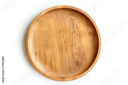 Empty wooden plate or round board isolated on white background. Rustic dish
