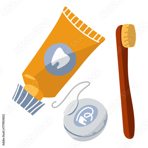 Toothpaste, toothbrush, dental floss. Vector illustration of dental care tools. Wooden toothbrush, yellow toothpaste, dental floss. A flat hand-drawn illustration. Isolated objects on a white