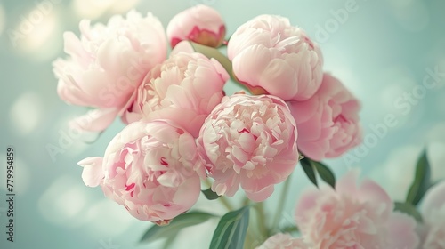 Bouquet of stylish peonies close-up. Pink and white peony flowers. Close-up of flower petals with water drops. Floral wallpaper. Delicate abstract floral pastel background.