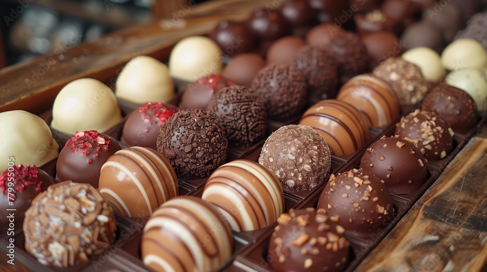 Delicious truffle or praline chocolate assortment. Gourmet specialty chocolate bonbons or pralines. close up Delicious truffle or praline chocolate assortment. Gourmet specialty chocolate bonbons or pralines. close up