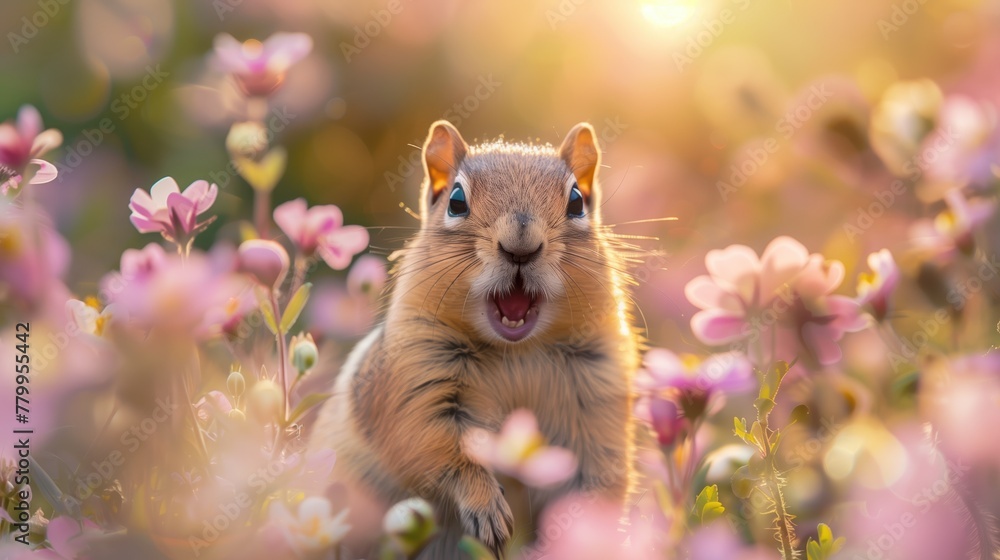 Small and lovely ground squirrel on a meadow among flowers during warm spring sunset. Very surprised, with its mouth opened. Peaceful, relaxing, amazing and funny Small and lovely ground squirrel on a meadow among flowers during warm spring sunset. Very surprised, with its mouth opened. Peaceful, relaxing, amazing and funny