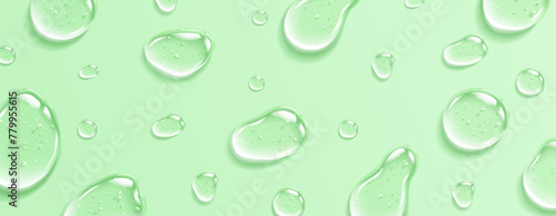 Collagen gel with bubbles drops realistic vector illustration pattern. Anti aging moisturizing skincare product 3d objects on green background