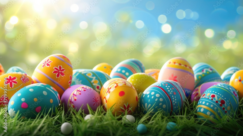 A variety of vibrant Easter eggs are displayed on the grass, creating a colorful and festive event. The eggs showcase intricate patterns and are made of natural materials AIG42E
