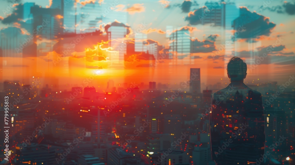 Businessman and cityscape blend in captivating double exposure photography