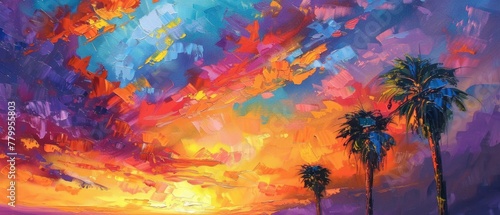 A vibrant sunset painting showcasing fiery hues of orange  pink  and purple streaked across the sky as palm trees sway gently in the warm evening breeze.