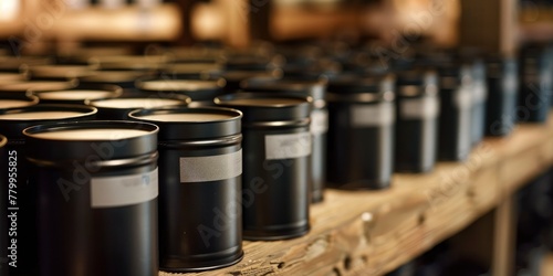 A row of black metal tea can boxes with blank white labels sit on a wooden shelf.