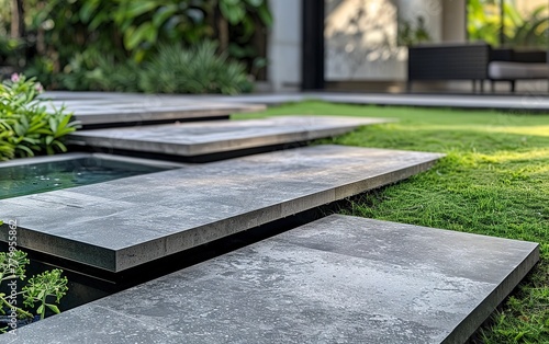 Beautiful, large square concrete tiles lying flat on top of each other. Concrete square tile steps with green grass and gray floor in thin and solid style.
