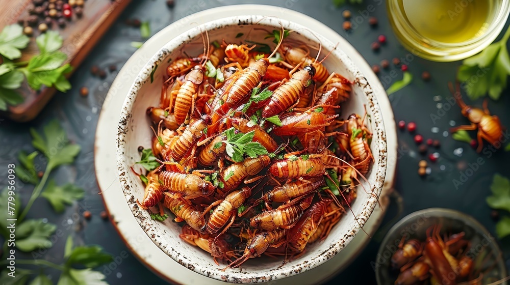 Close up bowl with mixed edible insects. Background of kitchen table with food ingredients Close up bowl with mixed edible insects. Background of kitchen table with food ingredients