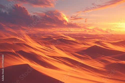 An endless desert landscape with sand dunes and the sun setting in the background. 