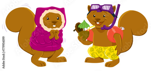 Squirrels Cartoon Cute Coat Cold Trunks Warm Vector Pack