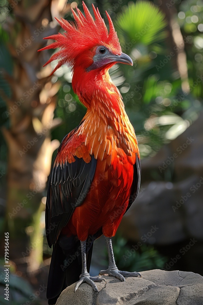 A red and black bird perched on a rock A red and black bird perched on a rock