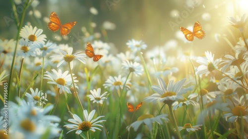Sunlit field of daisies with fluttering butterflies © maxin