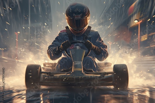 candid photo of an epic shot of go-kart racing in the dark. A front view of a driver wearing a helmet and race suit, driving fast