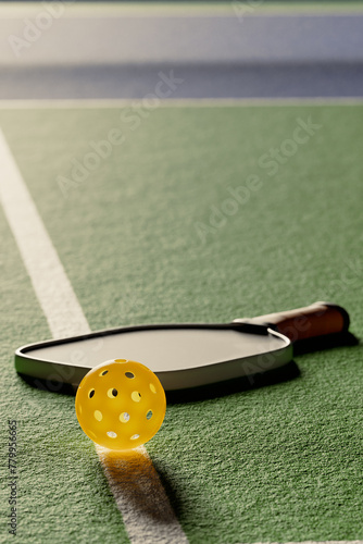 Pickleball racket and ball at dusk on the court. Bokeh blur 3d rendering