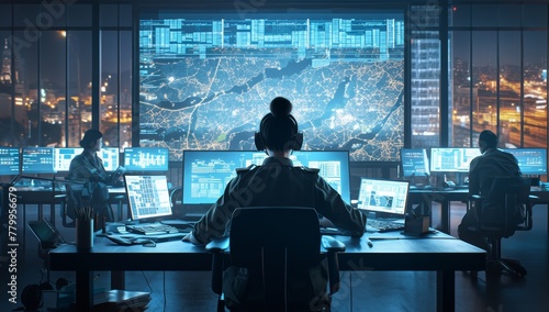 Cinematic shot of the interior view from behind a woman police officer sitting at her desk in front of multiple computer screens displaying maps and data, surrounded by other officers working  photo