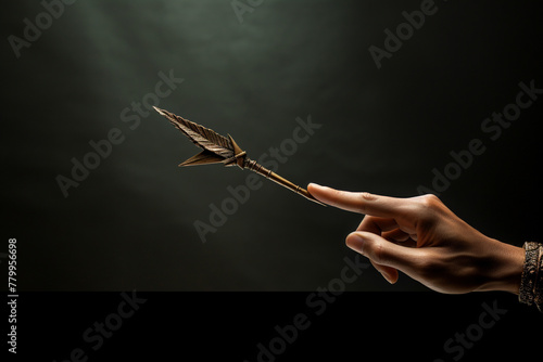An HD-captured image presenting a realistic depiction of a hand firmly grasping an arrow that is ascending, symbolizing the progress and prosperity of a business, with attention to fine details and a  photo