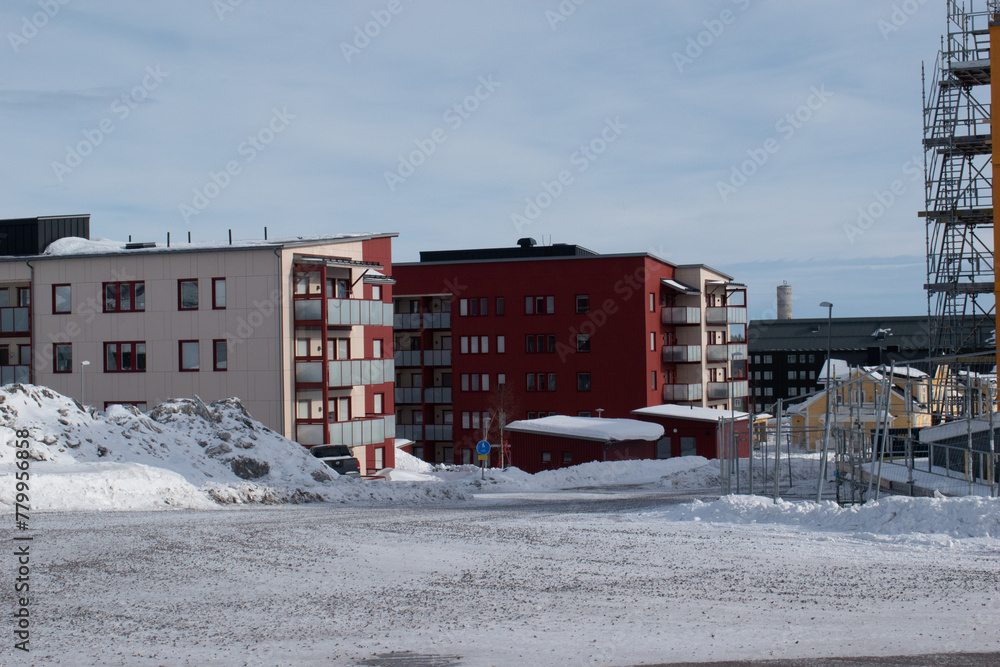 KIRUNA, LAPLAND SWEDEN - APRIL 3, 2024: Kiruna new city center. New residential area close to Kurravaaravagen.