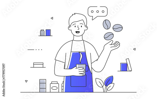 Coffee maker man simple. Young guy in blue apron making hot drink. Aroma and beverage. Barista with cappuccino and mochaccino. Doodle flat vector illustration isolated on white background