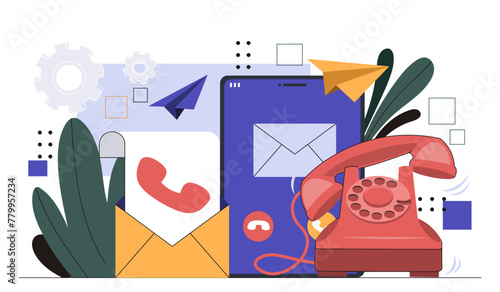 Contact us concept. Support for clients and asnwers to frequently asked questions. Guide and manual for users. Company contacts. Poster or banner for website. Cartoon flat vector illustration