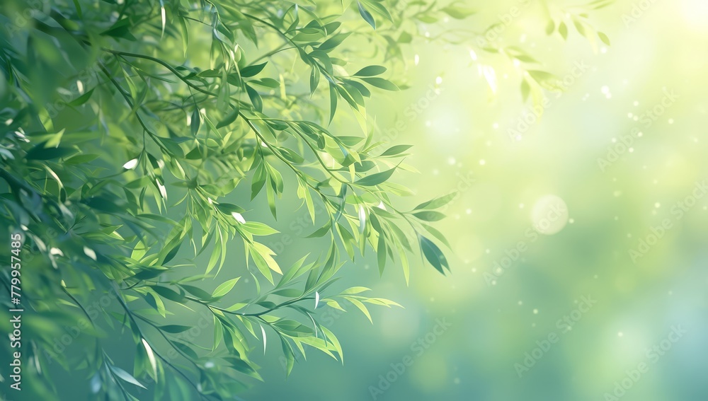 Green leaves background with blurred bokeh light effect, spring and summer nature concept banner 