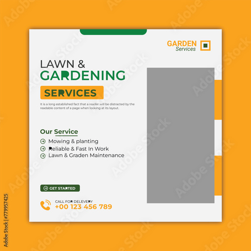 Lawn or gardening service social media post and web banner template. Lawn care or gardening landscaping service bundle Instagram post