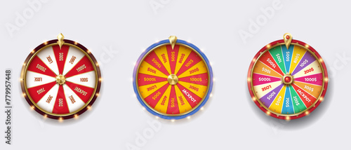 Fortune wheels colorful realistic vector illustration set. Luck win spin games. Casino roulettes 3d objects on white background