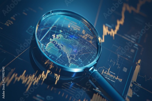 magnifying glass over trading chart on digital background, business concept of stock market or financial data analysis and shopping online  photo