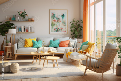 An inviting and cozy Scandinavian-inspired living room, characterized by bright colors, clean aesthetics, and a sense of tranquility, captured in HD. © Hafsa