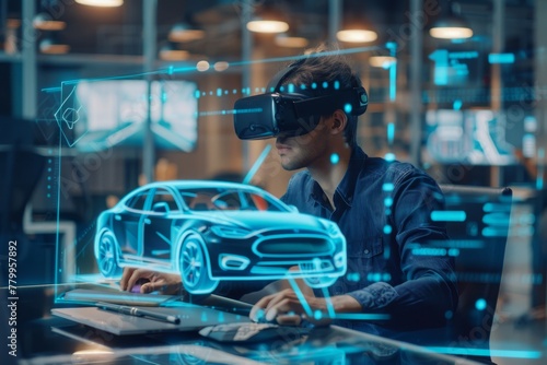Young Adult Male Engineer Using Futuristic Augmented Reality Software Interface for Managing Work Projects. Specialist in Office Wearing Headset to Look at VFX Animation with Electric Car Concept.