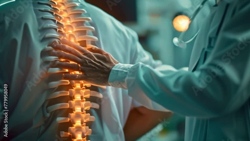 A male doctor examining the spine of a male patient with back pain and spondylitis. Male patient during spinal examination by a physical therapist. photo