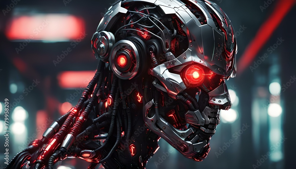 Fototapeta premium Cyborg robot with red neon lights. 3d rendering toned image