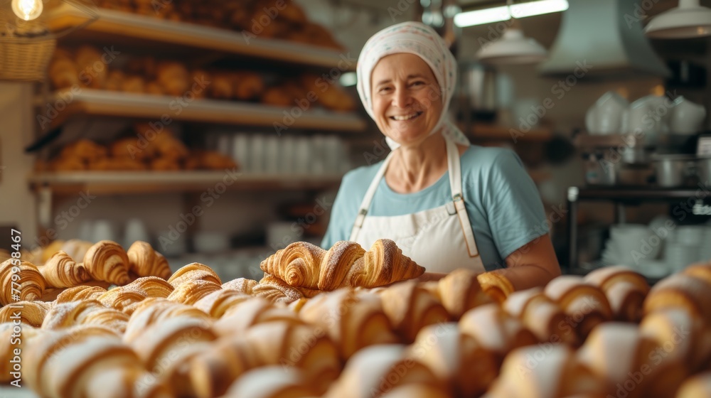 A woman smiling while holding a tray of pastries in front of her, AI