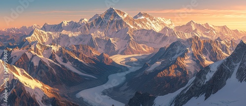 panoramic view of the himalayan mountain range at sunrise with k2 in front, snow on top and orange sky