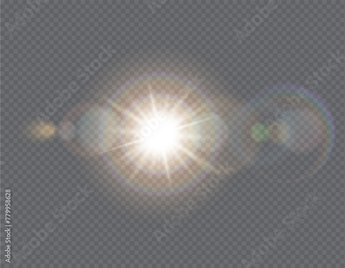 Sun light glaring blast realistic vector illustration. Sunlight shining effect. Bright spark with halo 3d element on transparent background