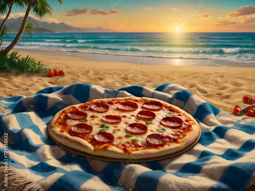 A delicious pepperoni pizza on a checkered picnic blanket at a sandy beach with a beautiful ocean view and lush tropical foliage design.