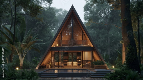 Minimalistic A frame cabin home, contemporary luxurious home, with a small pool, Bali style green lush forest