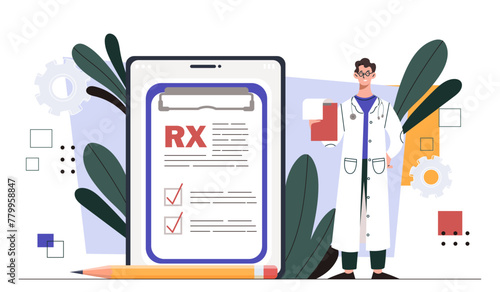 Doctor with rx prescription. Man in medical uniform with notepad. Health care and medicine, treatment. Guy give medicines and pills. Cartoon flat vector illustration isolated on white background