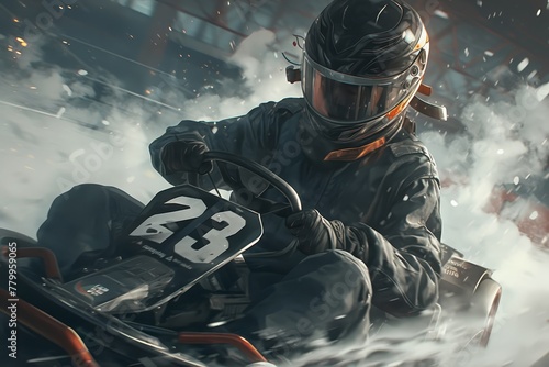 Photorealistic photo of a go-kart race car with a pilot driving in a dark 