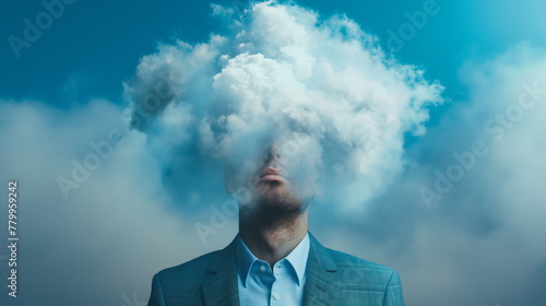 Businessmans head is obscured by a fluffy white cloud, creating a surreal effect