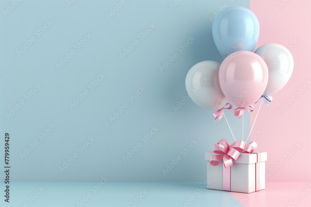 Gift box with pink and blue balloons on pastel background. 3D Render