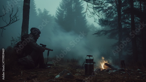 Man hunter with a backpack sits next to a crackling campfire in a wooded area, enjoying the warmth and cooking food photo