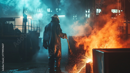 Steel Mill Operation,  portrait worker, Molten Metal Pouring in Industrial Foundry Workshop photo