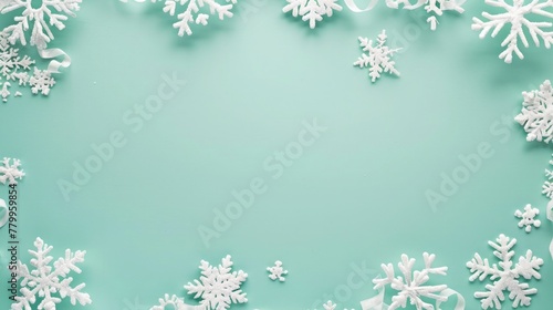 Add a touch of whimsy to your holiday photos with a border of dancing snowflakes against a playful mint green backdrop.